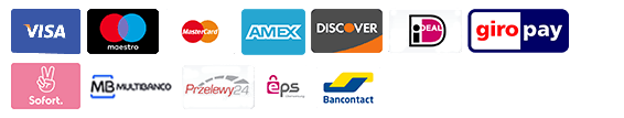 Payment methods icons. Visa, maestro, mastercard,amex, discover, ideal, giropay, sofort, multibanco, Przelewy24, eps, bancontact.