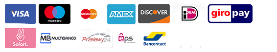 Payment methods icons. Visa, maestro, mastercard,amex, discover, ideal, giropay, sofort, multibanco, Przelewy24, eps, bancontact.